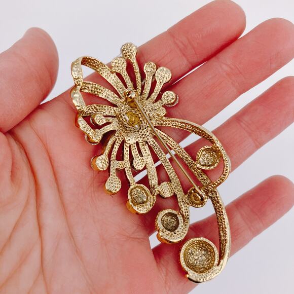 Large 3" VTG MCM Atomic Sun Burst Floral Sunflower Gold Tone Rhinestone Brooch - Picture 7 of 7